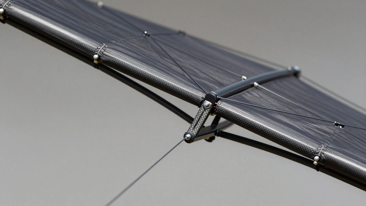 Close-up of carbon frame and nylon sail on indoor stunt kite