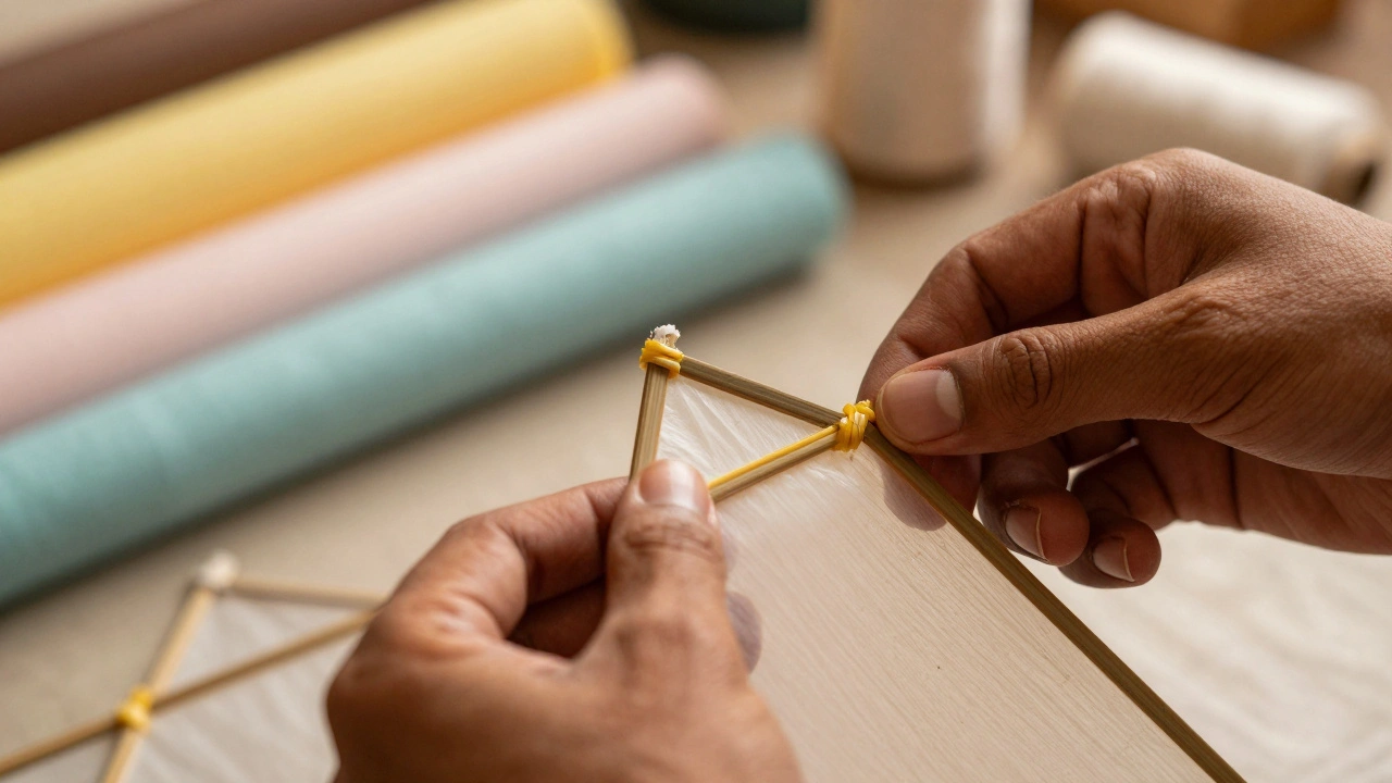 Close-up of hands crafting a traditional diamond-shaped Patang kite with bamboo and paper.