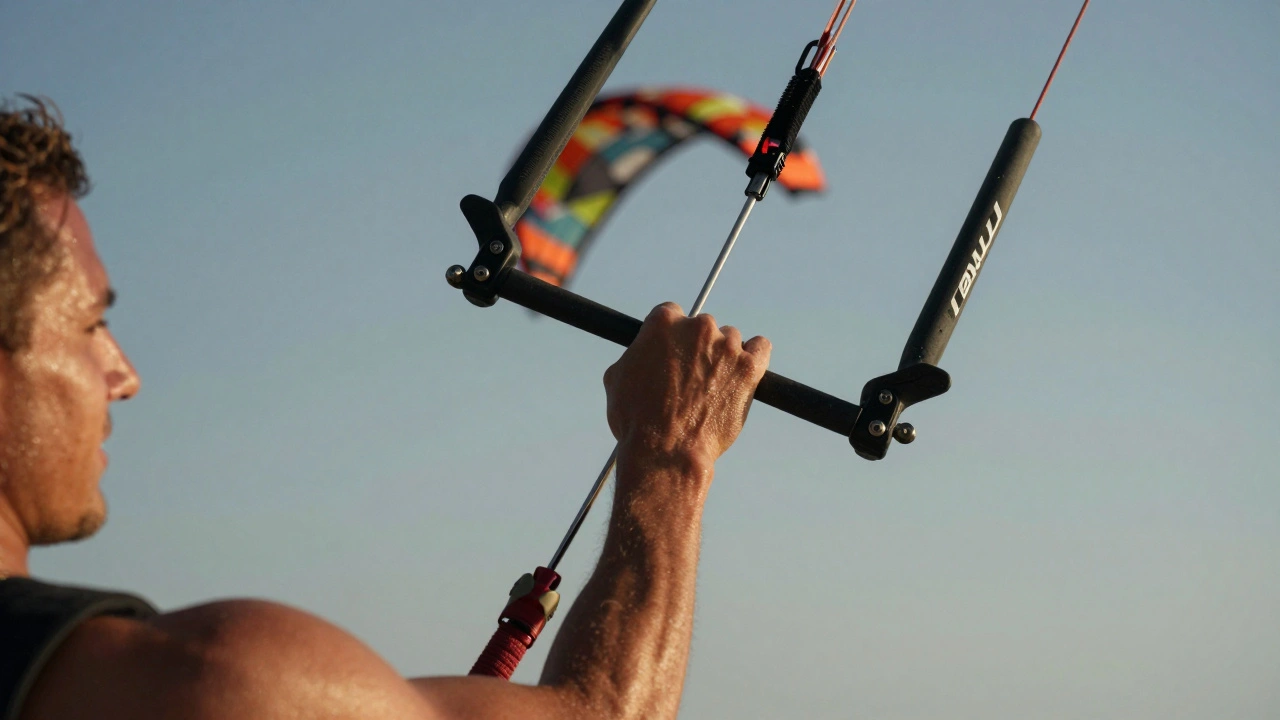 Close-up of pilot's hands gripping kite control lines