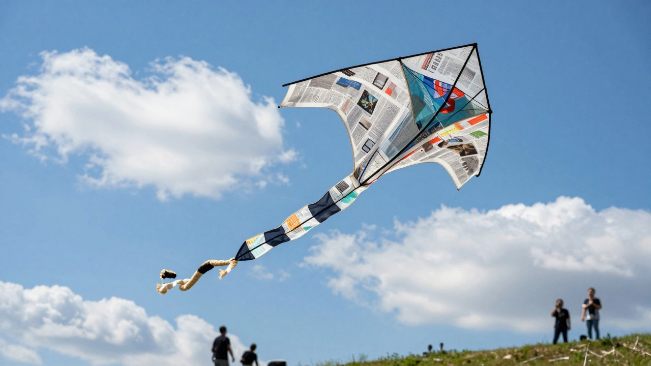 Colorful recycled newspaper kite flying high in blue sky