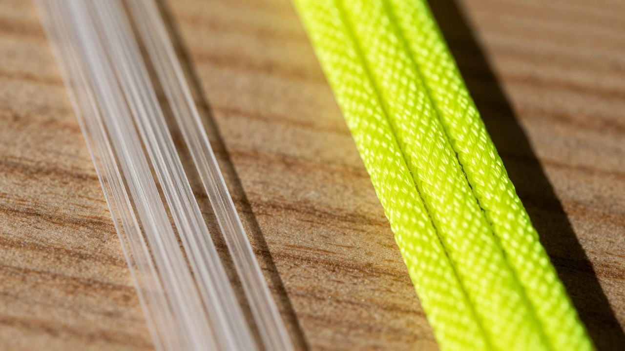 Comparison of invisible clear line vs bright yellow braided kite line