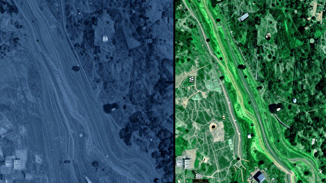 Comparison of raw aerial photo and processed map revealing hidden archaeological structures.