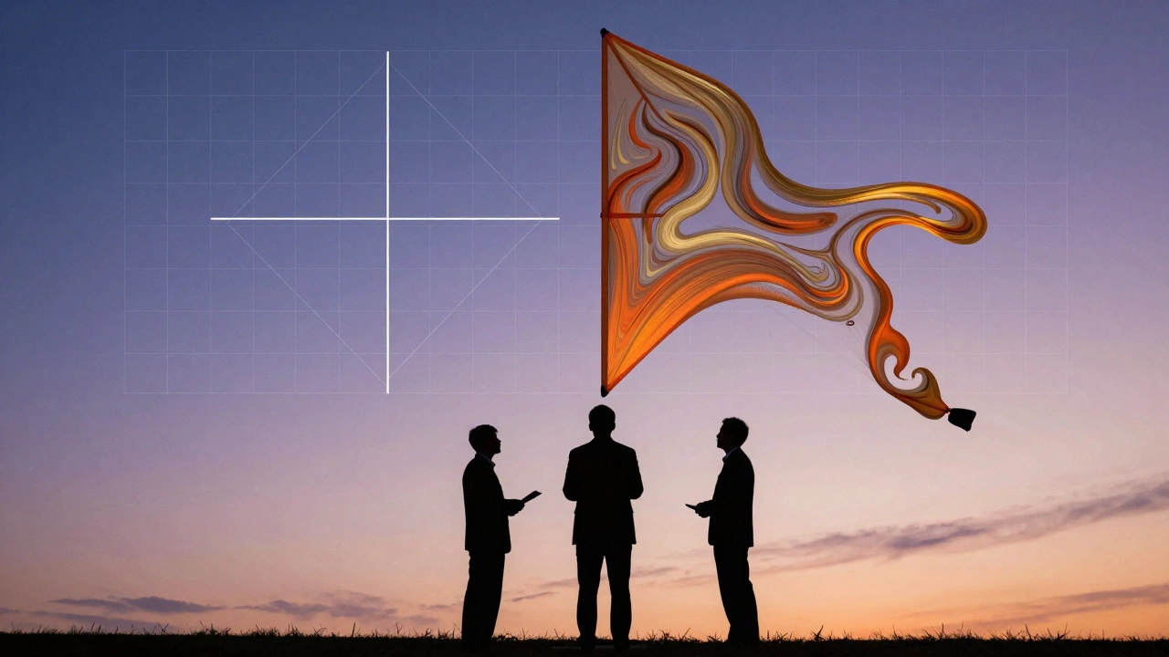 Conceptual art showing judges evaluating a kite split between technical geometry and artistic flow.