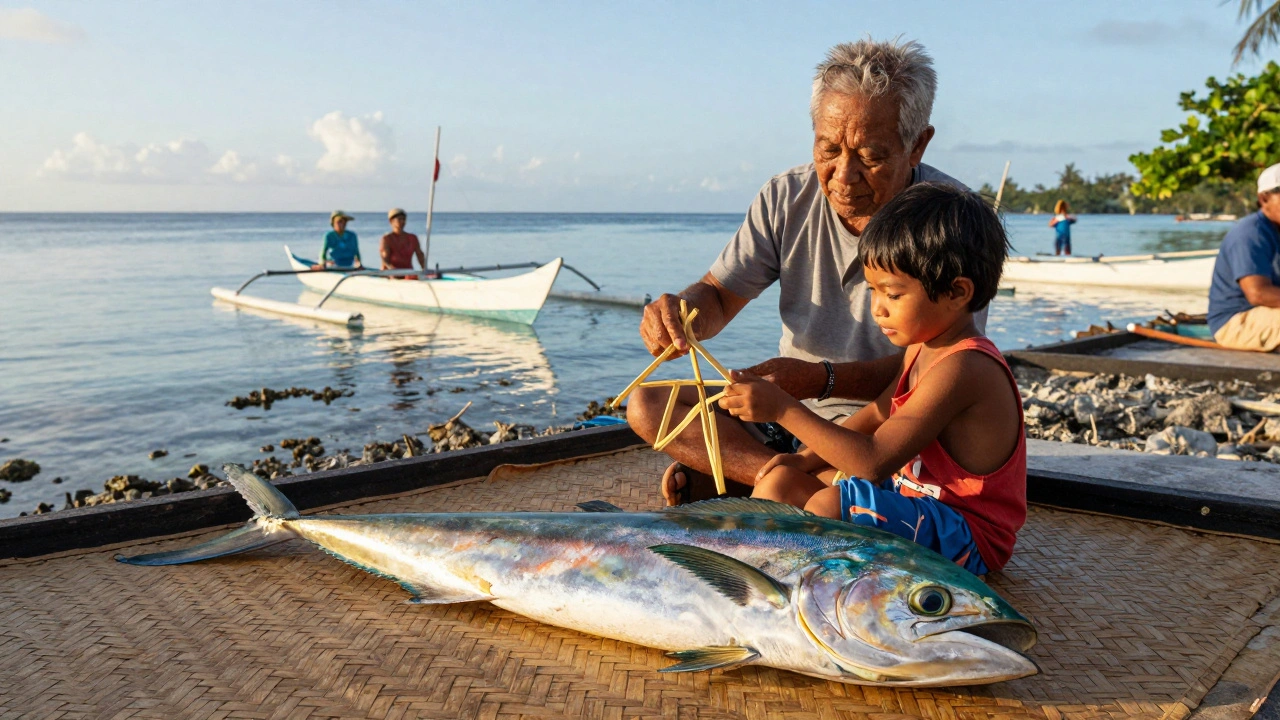 Elder teaching a child about kite fishing with a fresh catch nearby on an island.