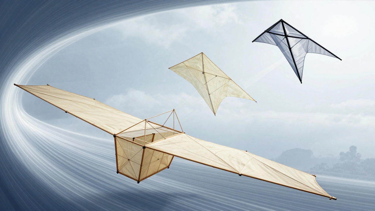 Evolution of kite designs from box kites to modern carbon fiber stunt kites.
