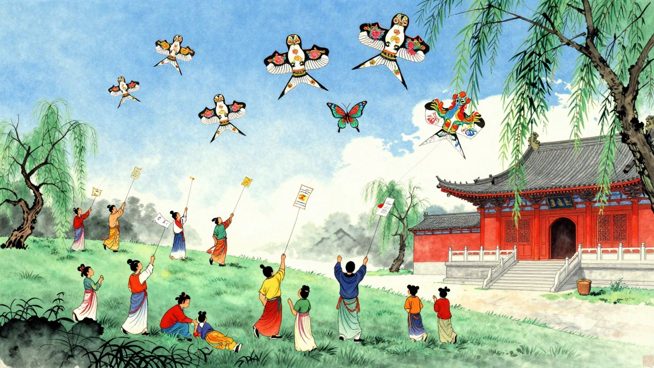 Families flying colorful kites during a Tang Dynasty religious festival