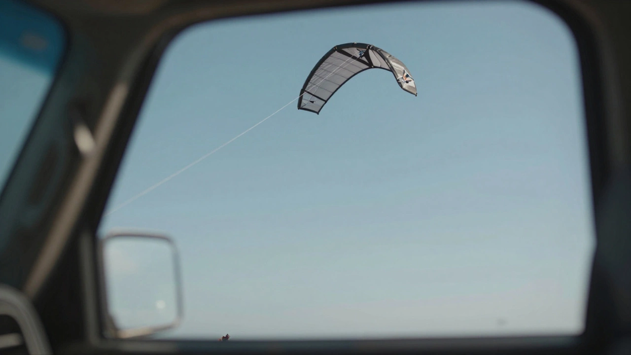 Foil kite soaring successfully in sky after completed reverse launch