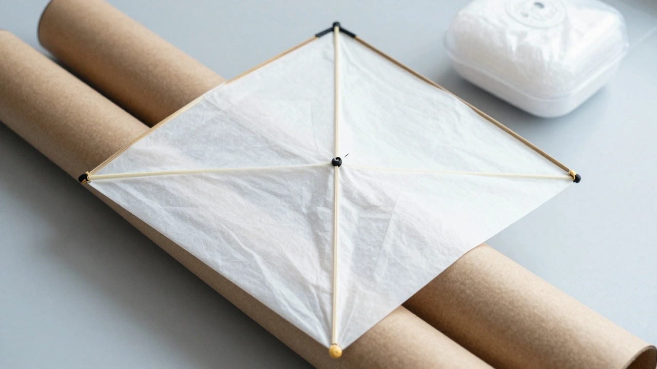Folded kite with tissue paper being stored in a protective tube