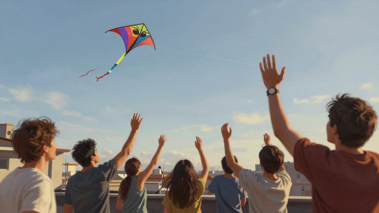 Friends cheering on a rooftop as kites battle in the sky above
