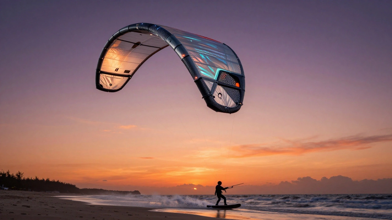 Futuristic smart kite with sensors flying over a coastal landscape at dusk.