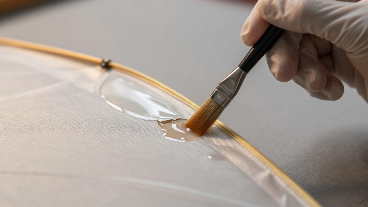 Gloved hand applying varnish to a repaired silk kite wing