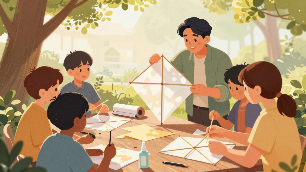 Group building kites from bamboo and paper at a workshop