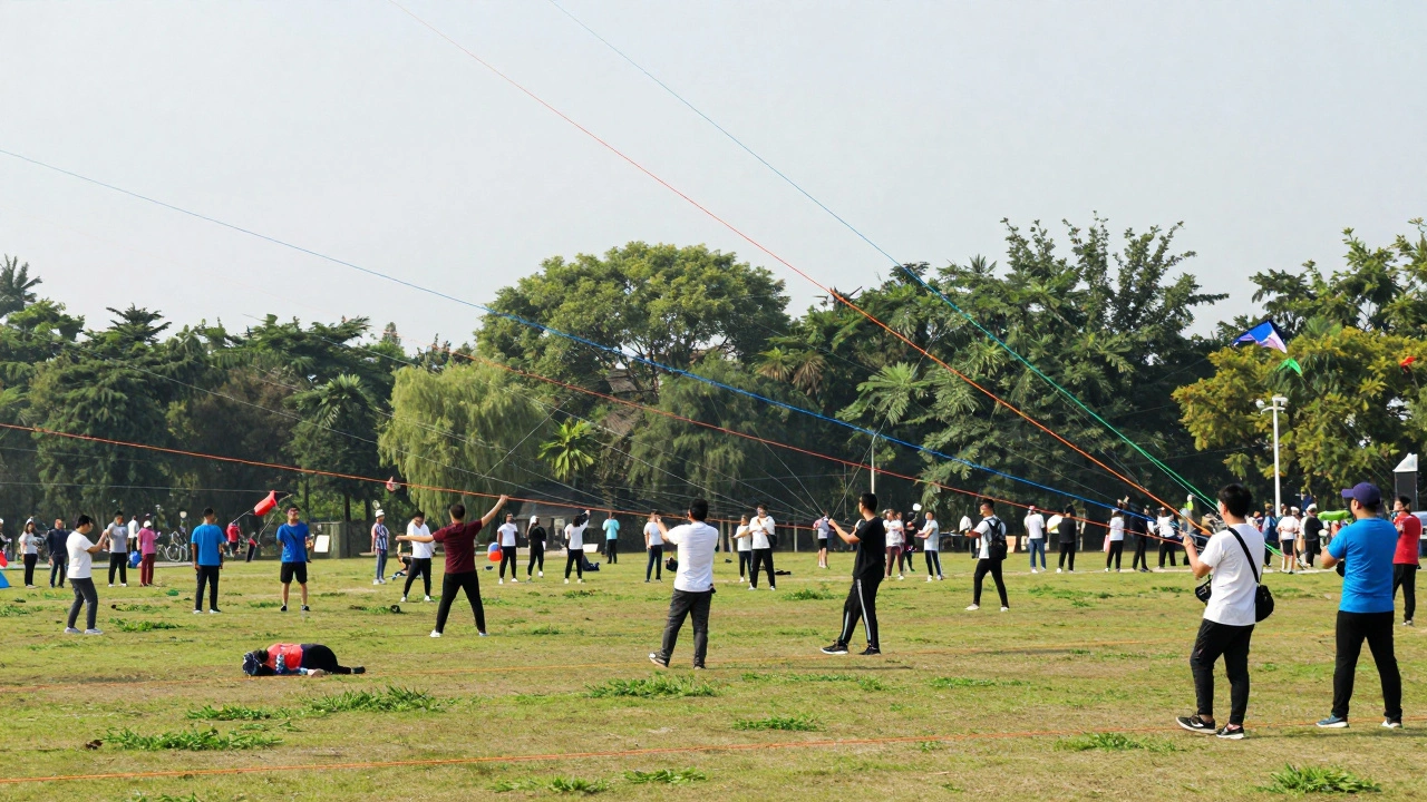 Group flying kites with distinct colored lines in a crowded park