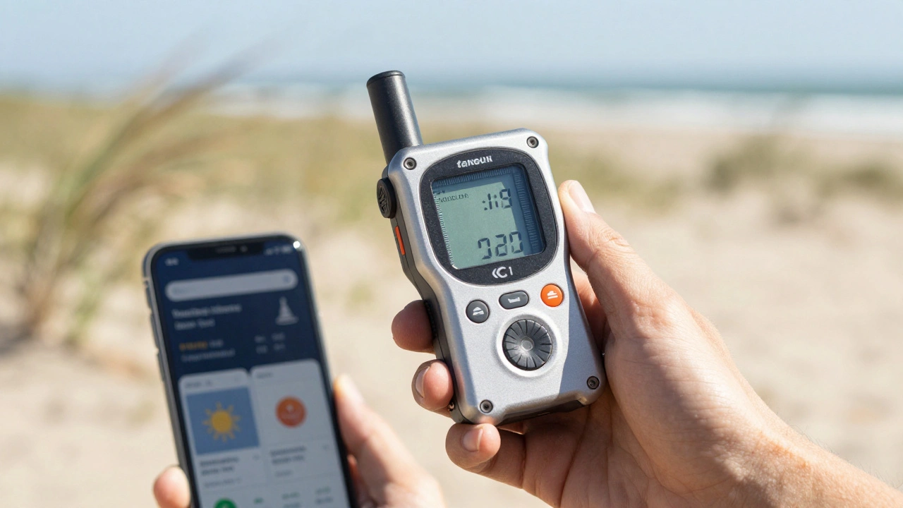 Handheld anemometer showing precise wind data next to a smartphone