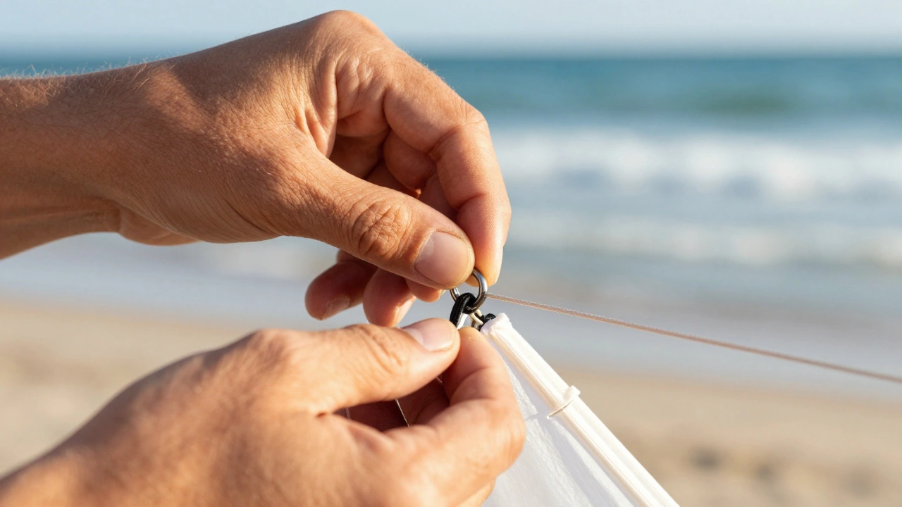 Hands adjusting a sliding knot on a kite bridle line at the beach