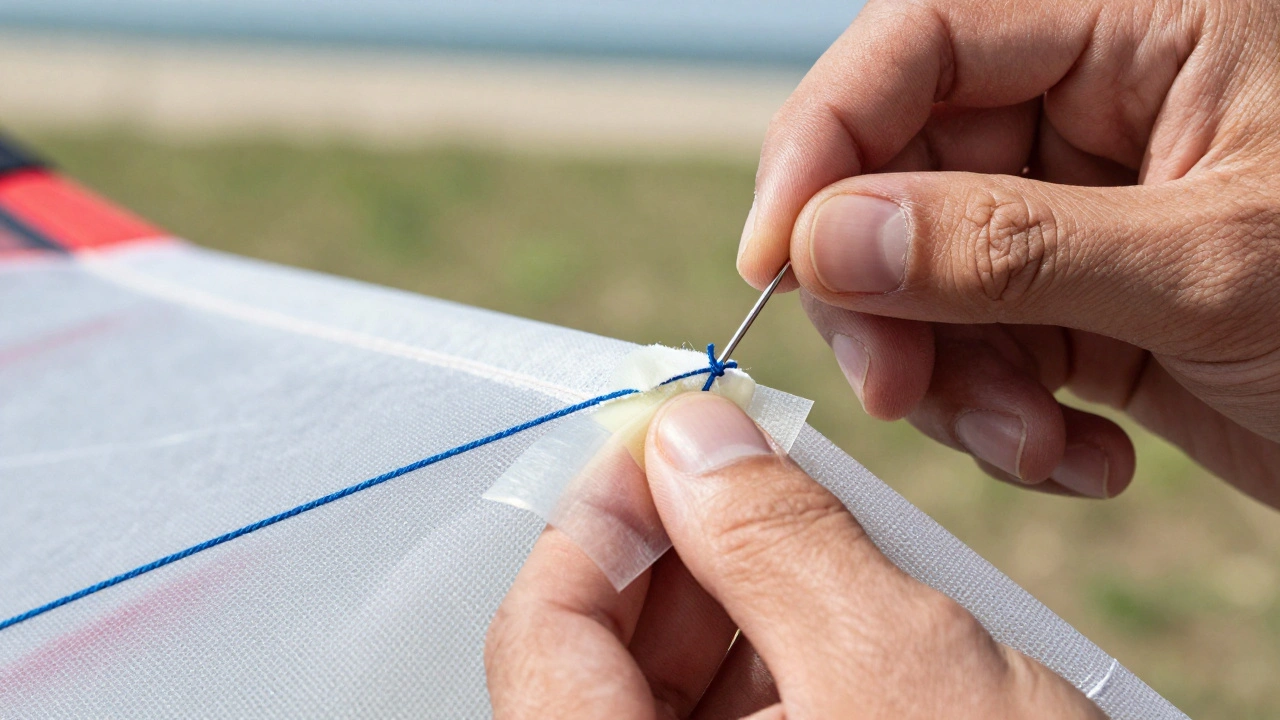 Hands sewing a tear in kite fabric and applying Monokote tape patch outdoors.