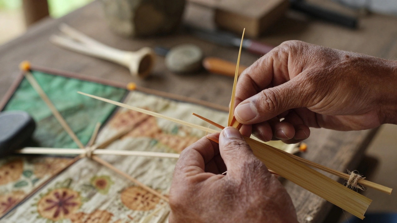 Hands weaving pandanus leaves onto a bamboo frame for a traditional fishing kite.