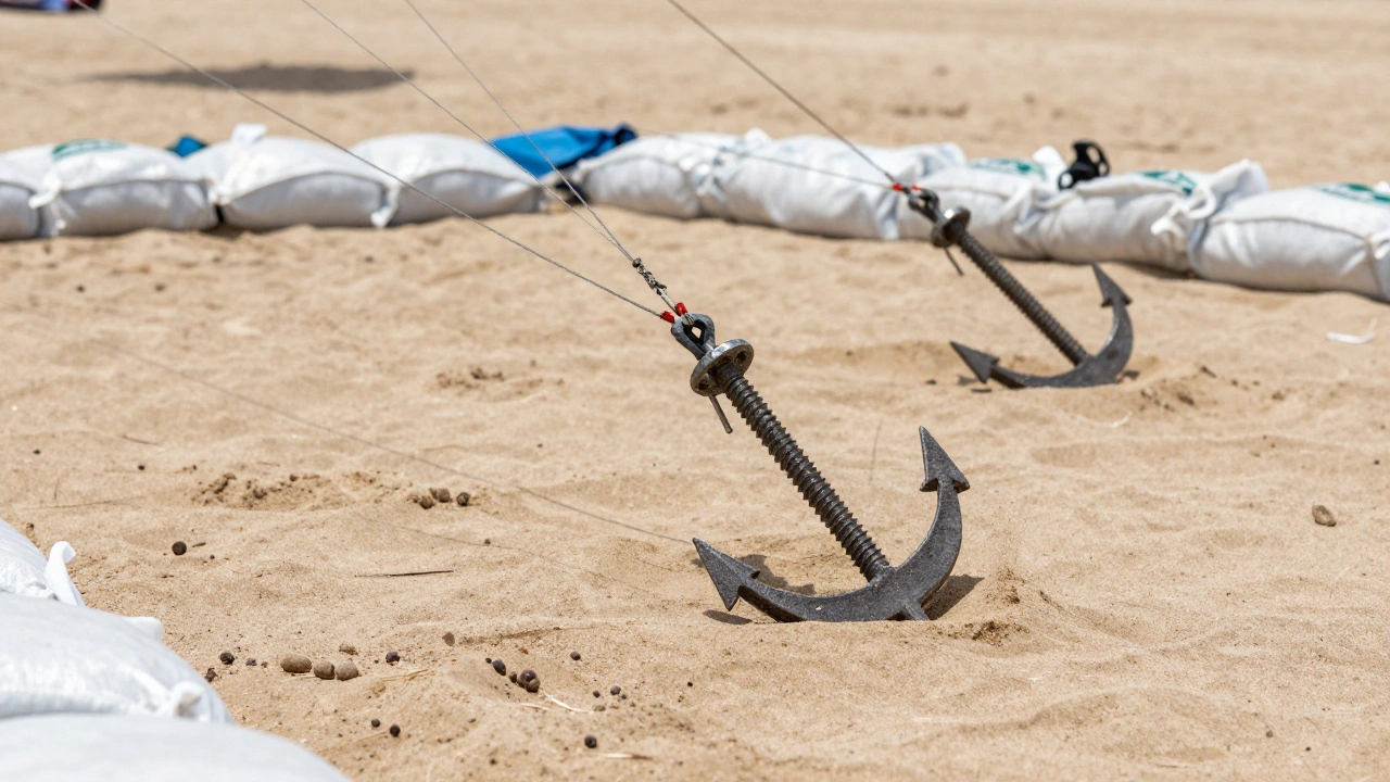 Heavy-duty ground anchors securing kite lines in sand under tension