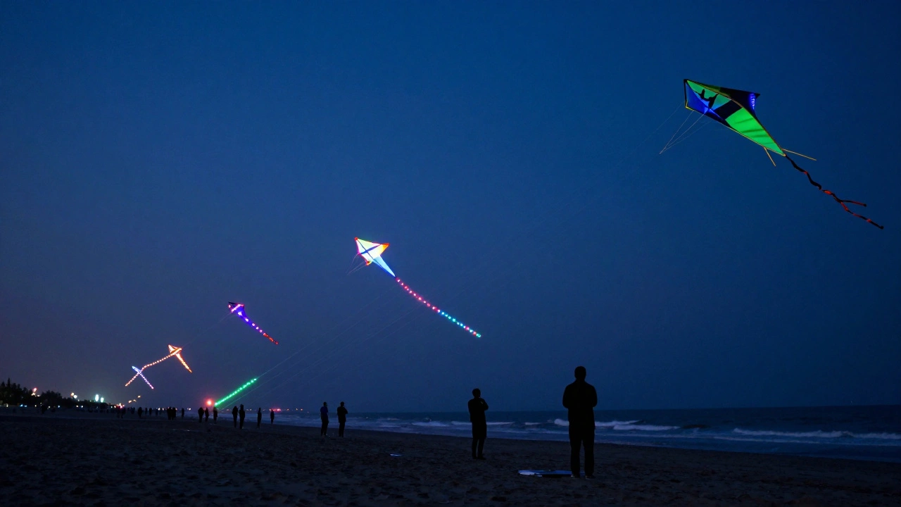 Illuminated LED kites creating neon light patterns in the twilight sky