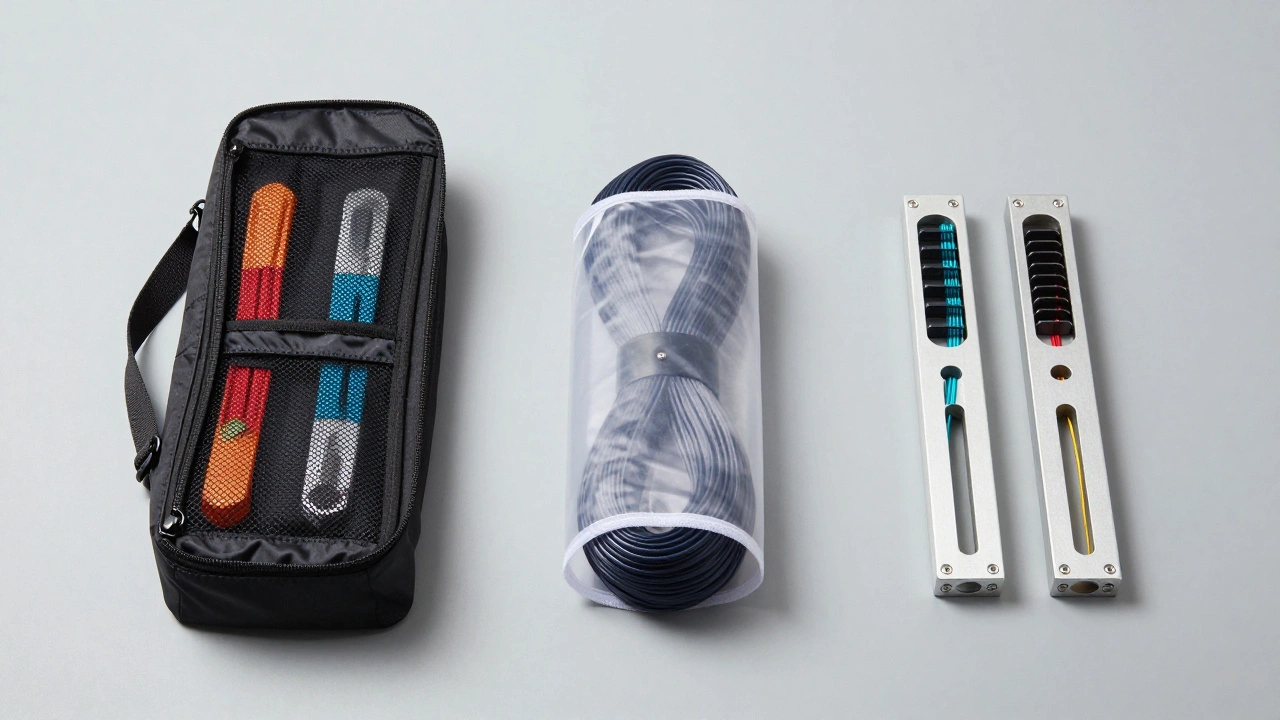 Kite bag, line wrap, and spool system displayed on grey surface