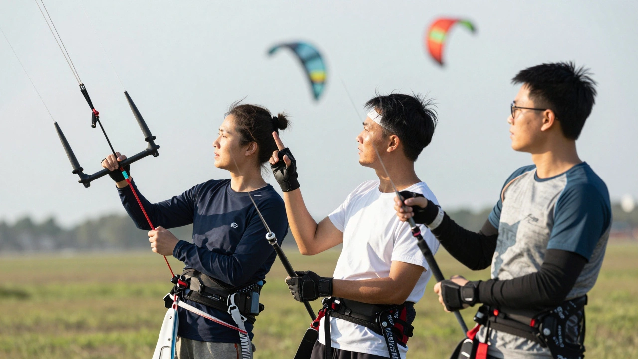 Kite pilots coordinating silently with hand signals and focused expressions