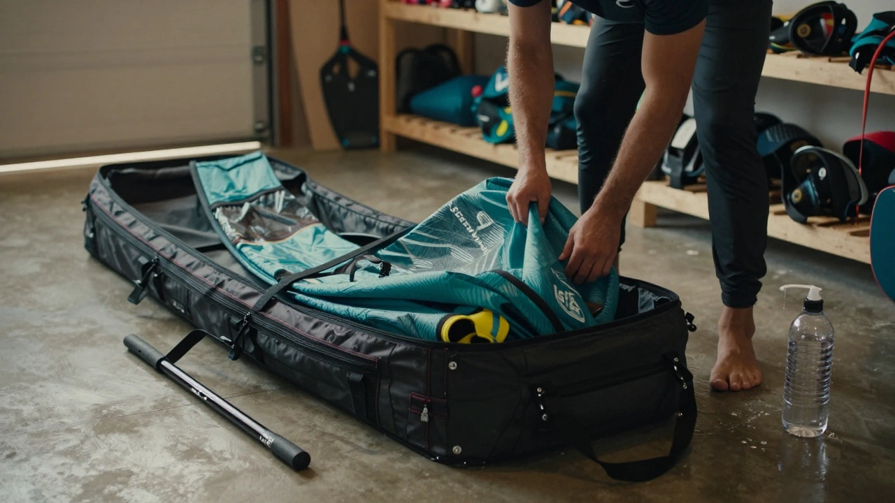 Kitesurfer carefully packing and rinsing gear for proper storage.