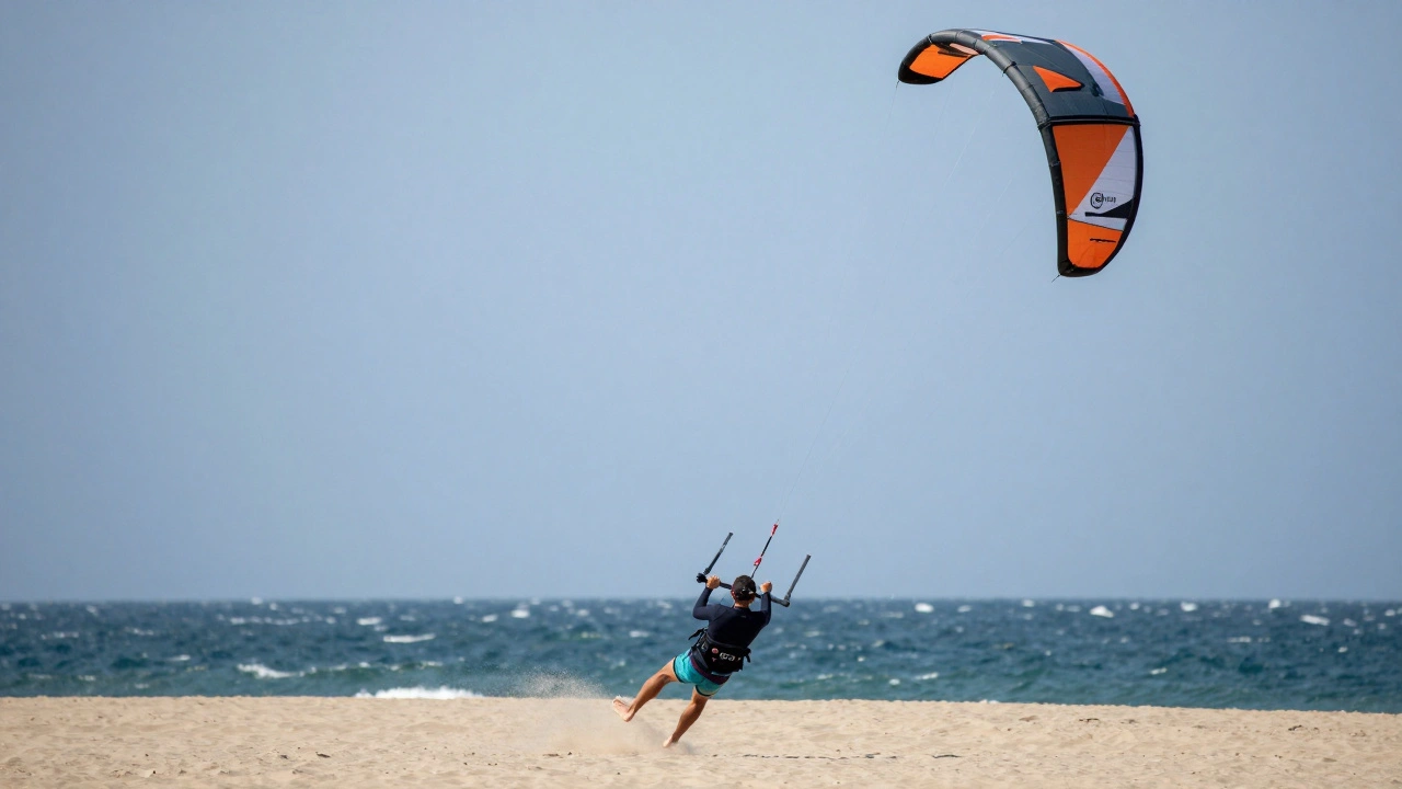 Kitesurfer pulling rear lines to flip kite during reverse launch