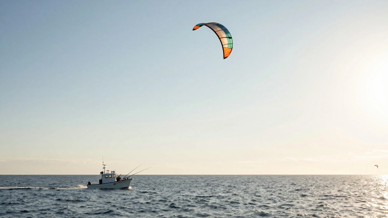 Large fishing kite airborne dragging rods over the ocean horizon