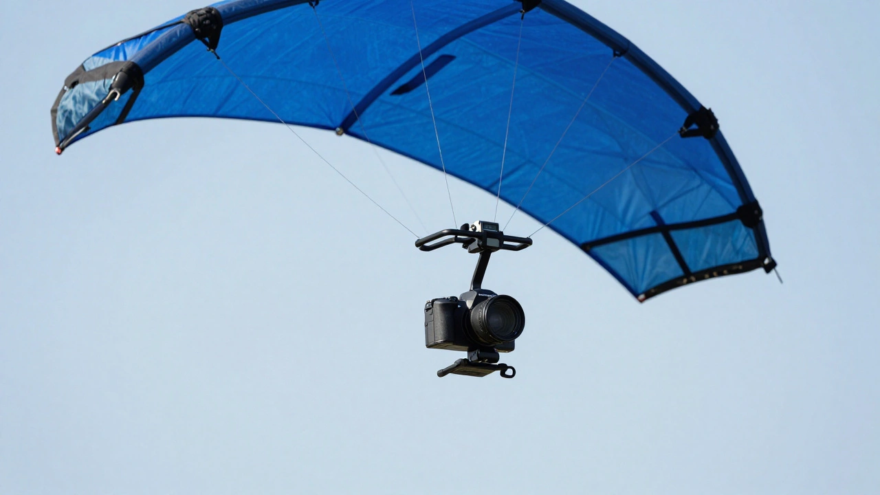 Lightweight camera mounted on a large sport kite for aerial archaeology photography.