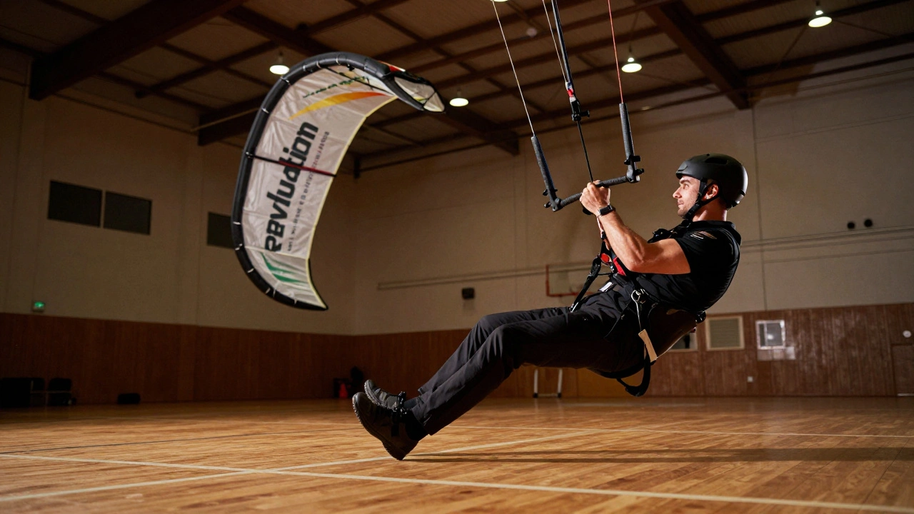 Low angle of pilot performing figure-eight maneuver with indoor kite
