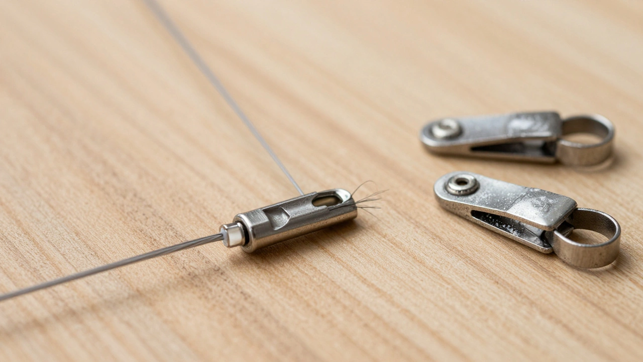 Macro view of frayed kite lines and corroded metal connectors.