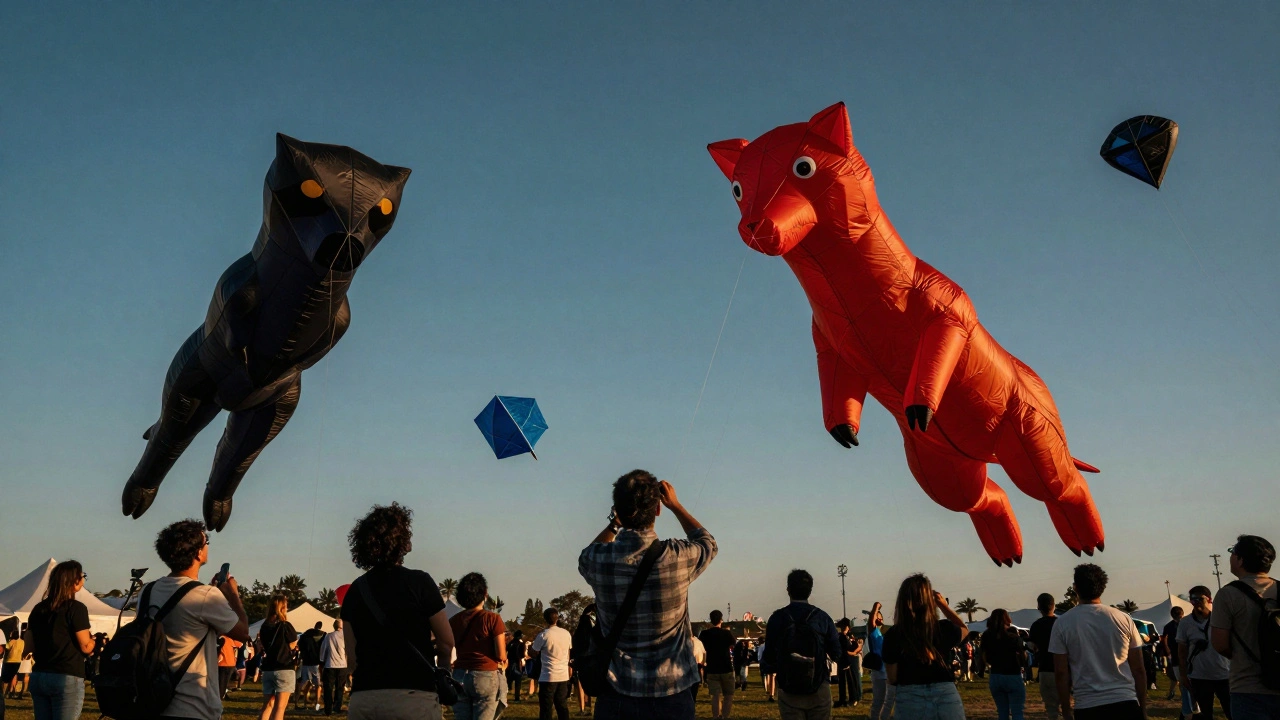 Massive artistic soft kites shaped like animals floating above festival spectators