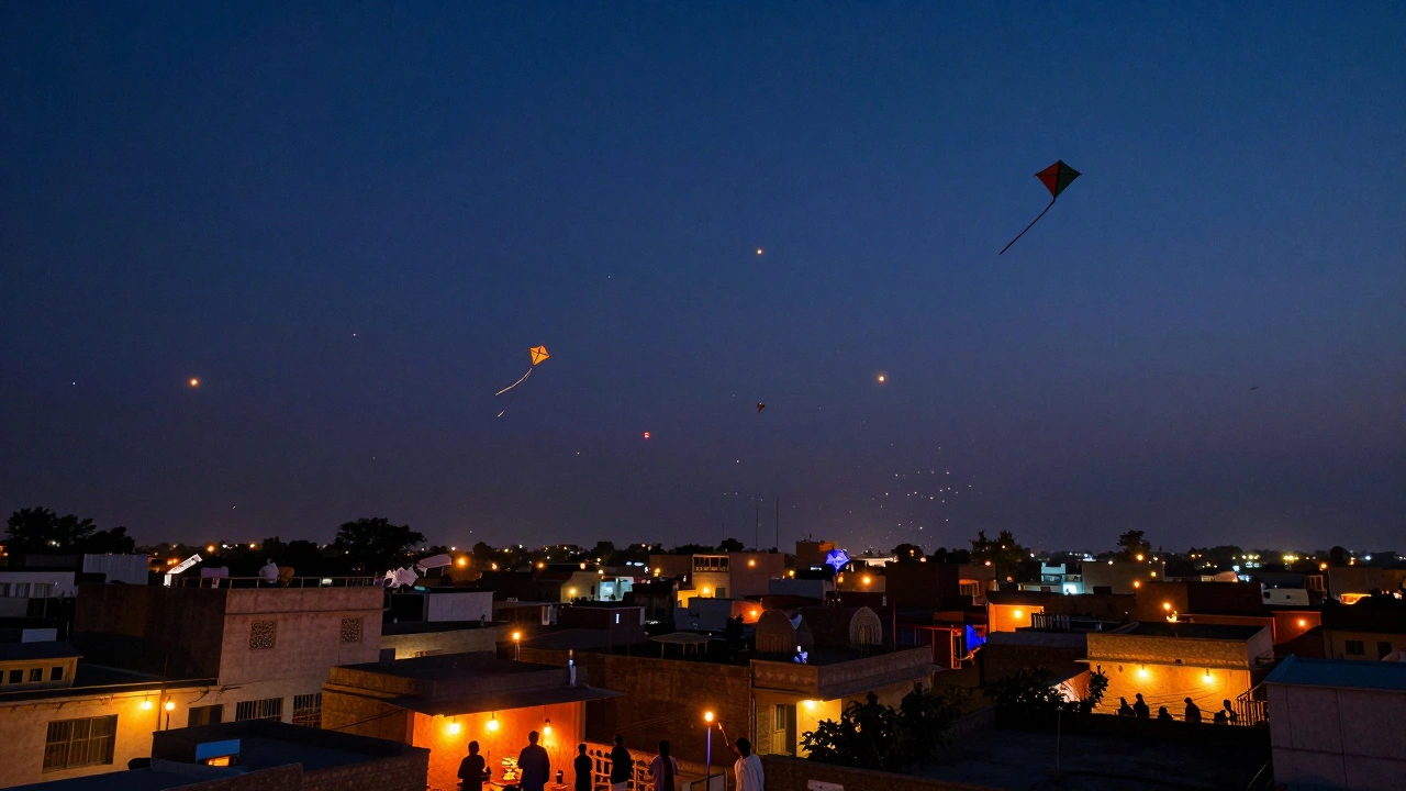 Nighttime view of glowing kites illuminating the twilight sky over a city rooftop.