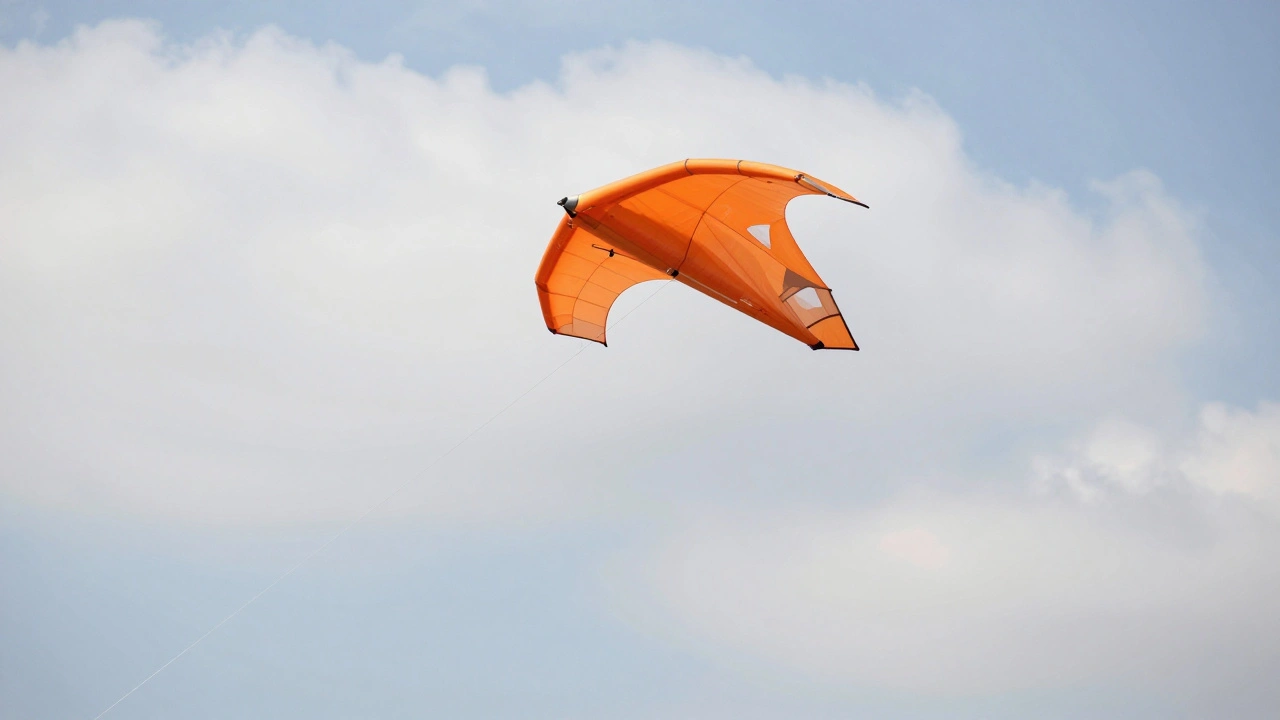 Orange delta wing kite flying high in a blue sky with white clouds