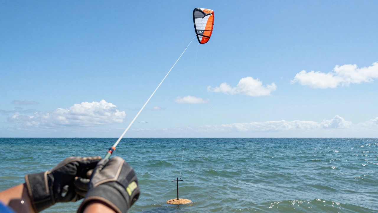 Parafoil kite flying above ocean with fishing line descending to bait