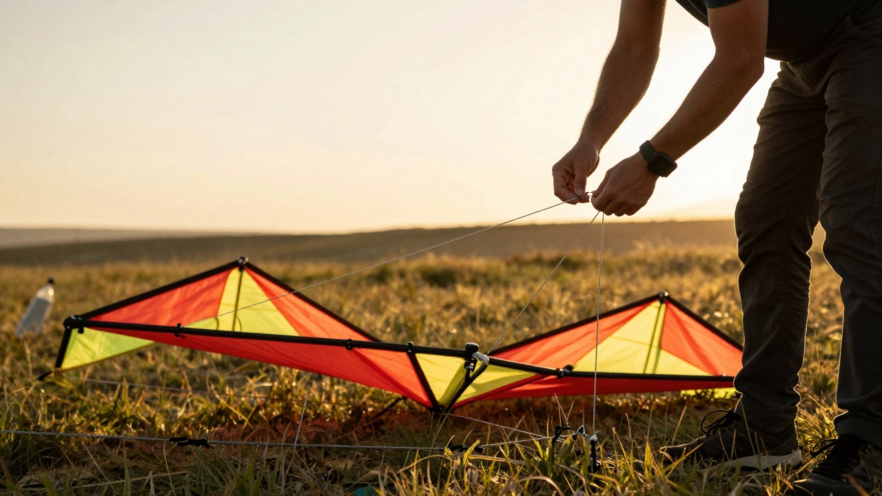 Person adjusting kite bridle strings on grass at sunset