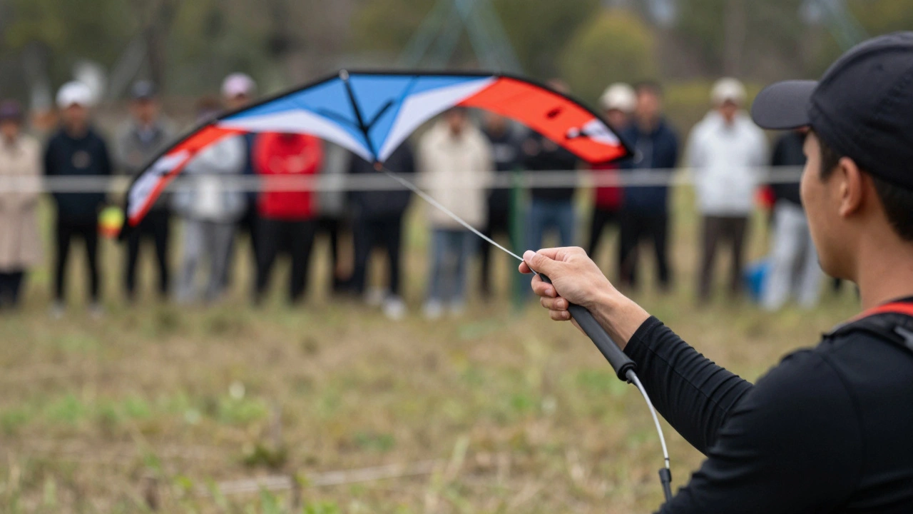 Pilot maneuvering a stunt kite during a competition