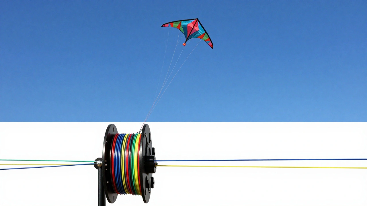Quad-line kite flying with separated lines from mechanical spool