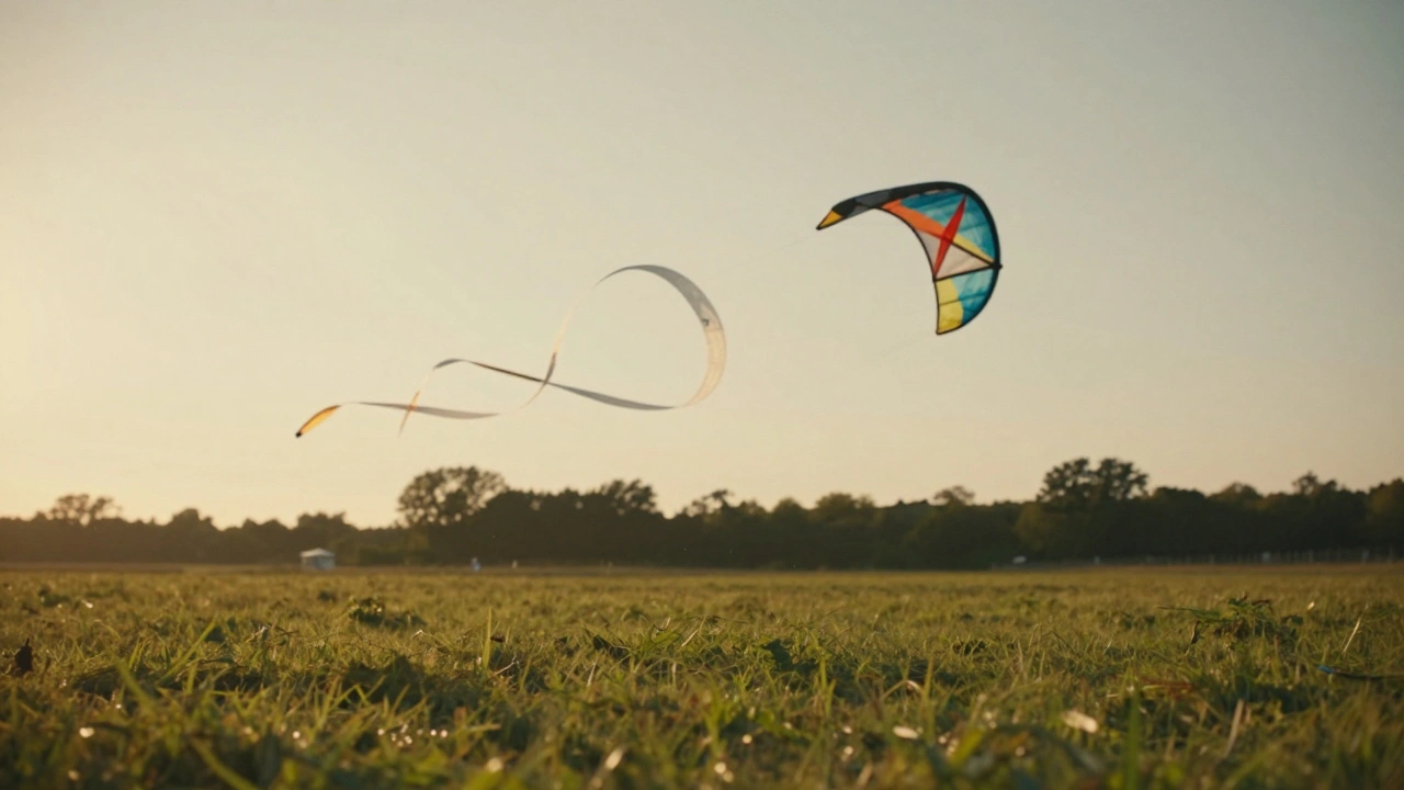 Sport kite flying dynamically in the sky with abstract wind trails suggesting musical rhythm.