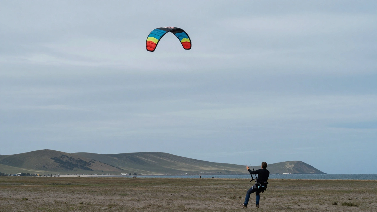 Stunt kite gliding dynamically across the sky as the pilot controls the lines below.