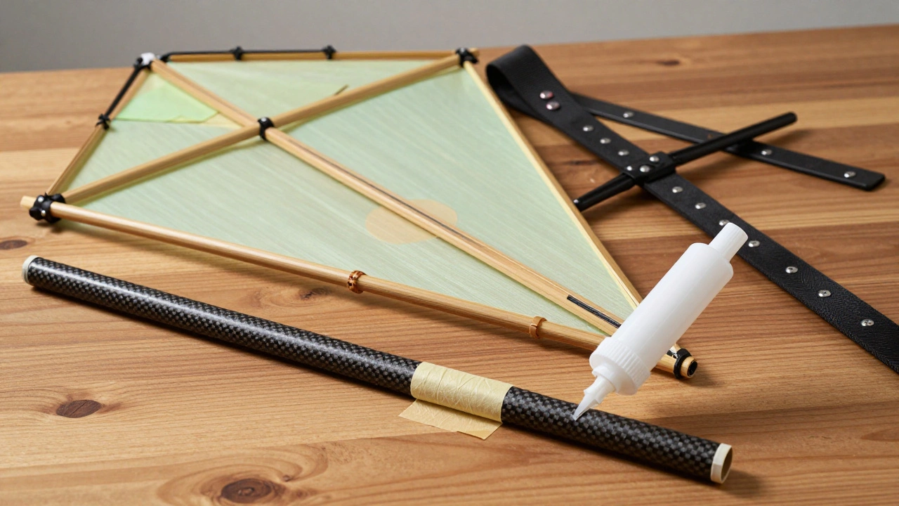 Various kite parts including struts and frames displayed for repair demonstration.