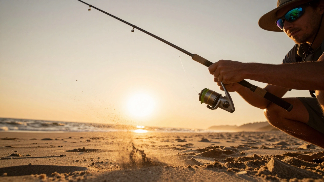 Angler releasing kite line tension using a quick-release clip on the beach