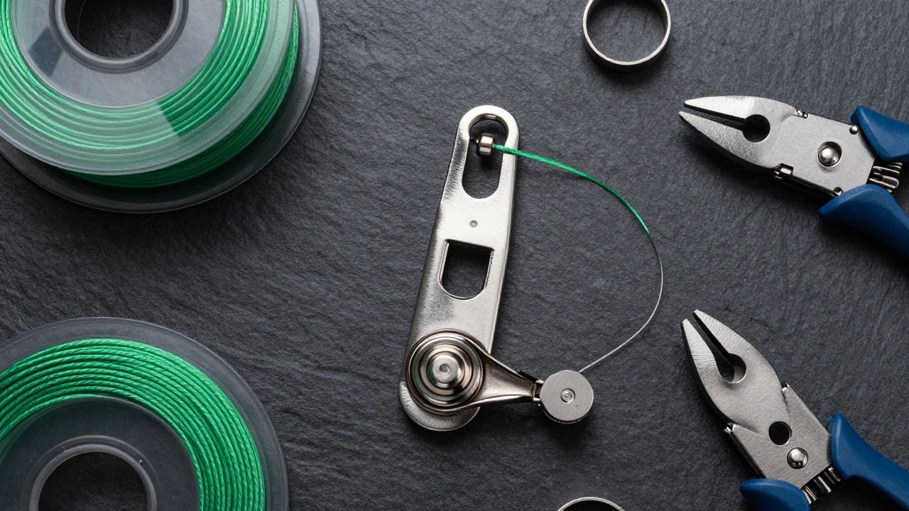 Flat lay of kite fishing gear including release clip, swivels, and line tools