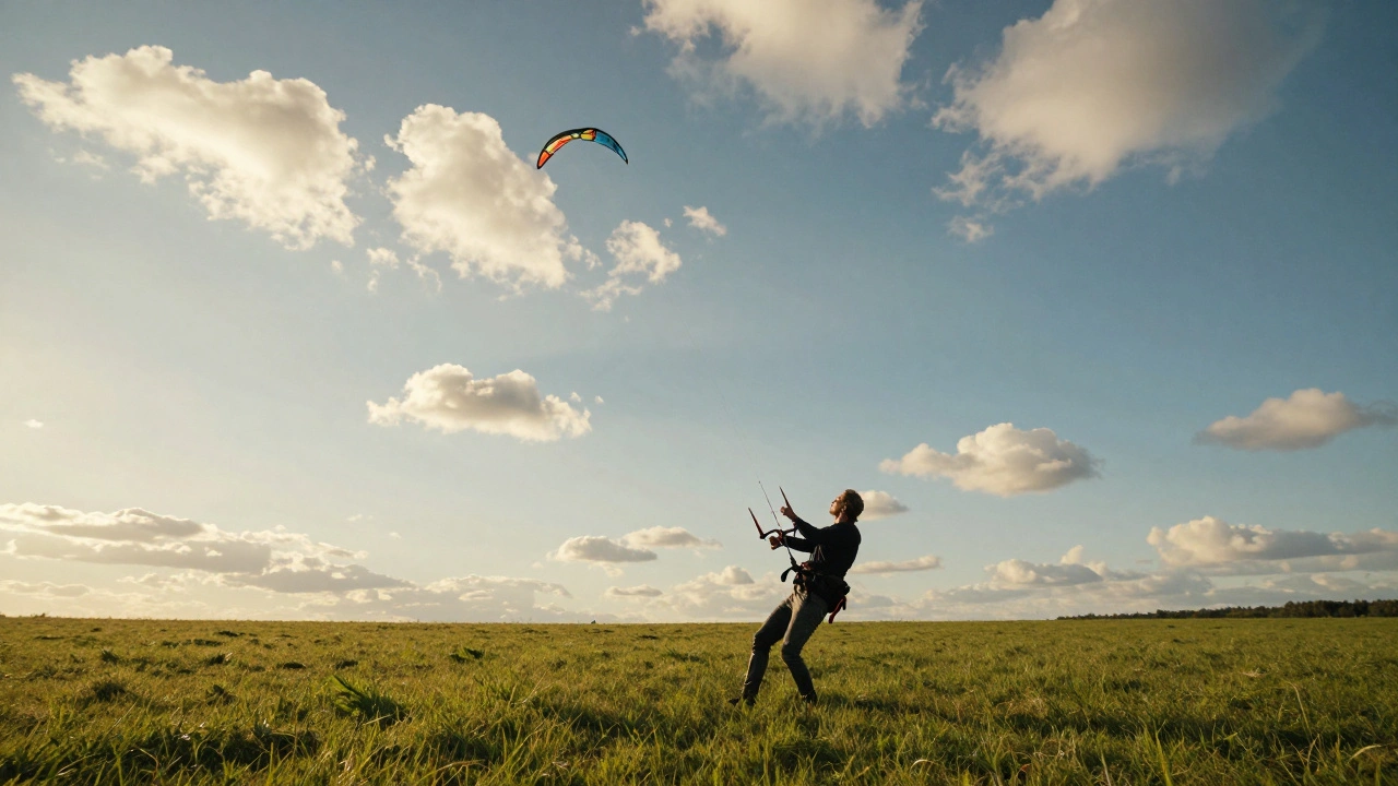 Person flying sport kite in open grassy field