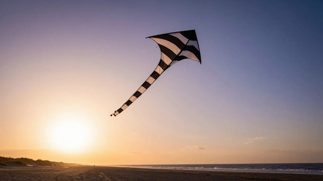 A delta kite with a long striped tail flag flying at sunset over the coast