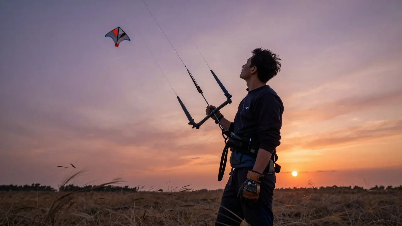 A kite flyer in gloves observing the sky and wind conditions in an open field