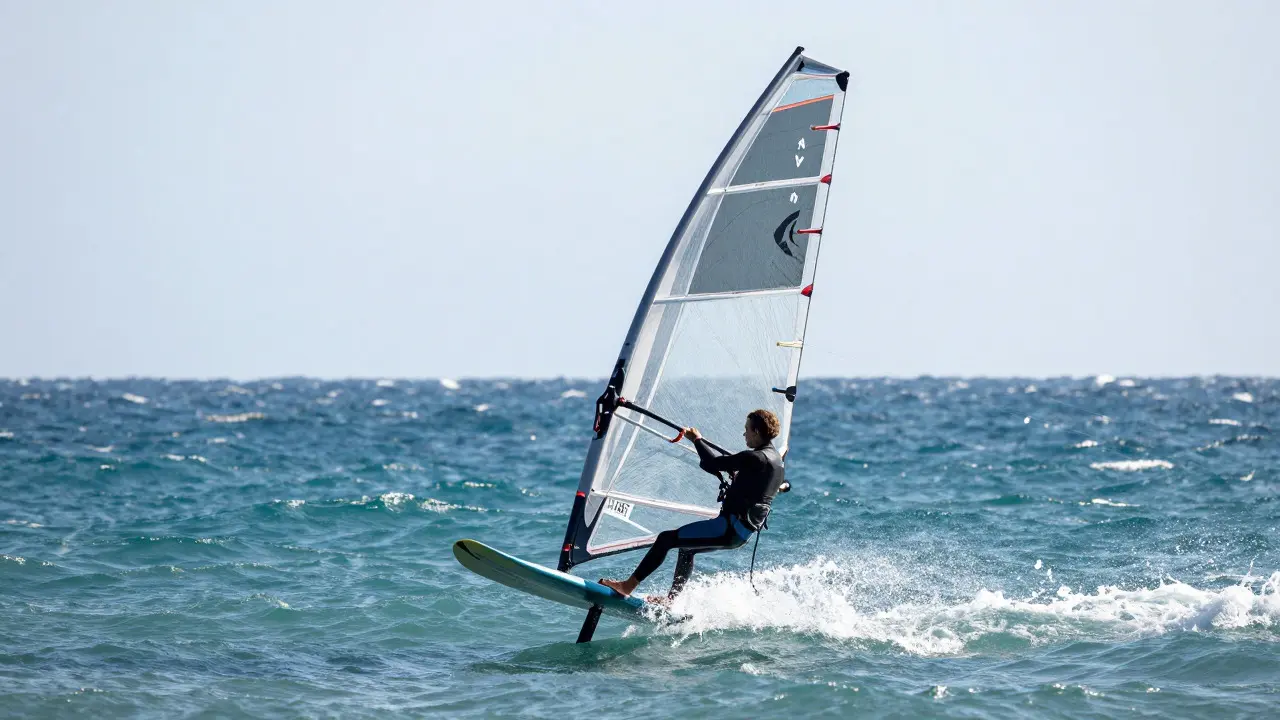 A kitesurfer riding waves with a foil kite high above in the bright sunlight