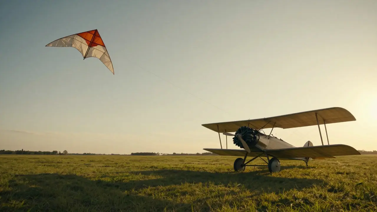 A large tetrahedral kite flying above a vintage triplane aircraft in a sunlit field