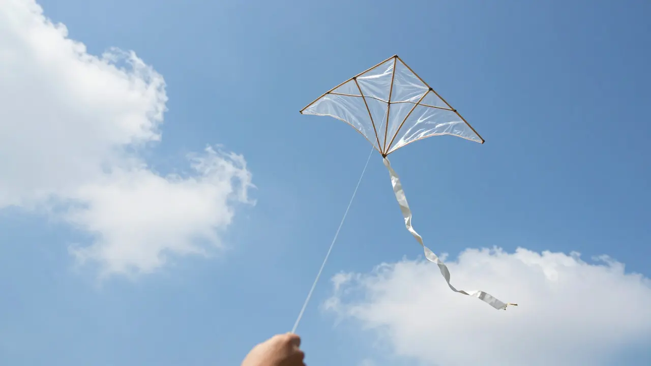 A plastic bag kite flying high in a blue sky with a long ribbon tail