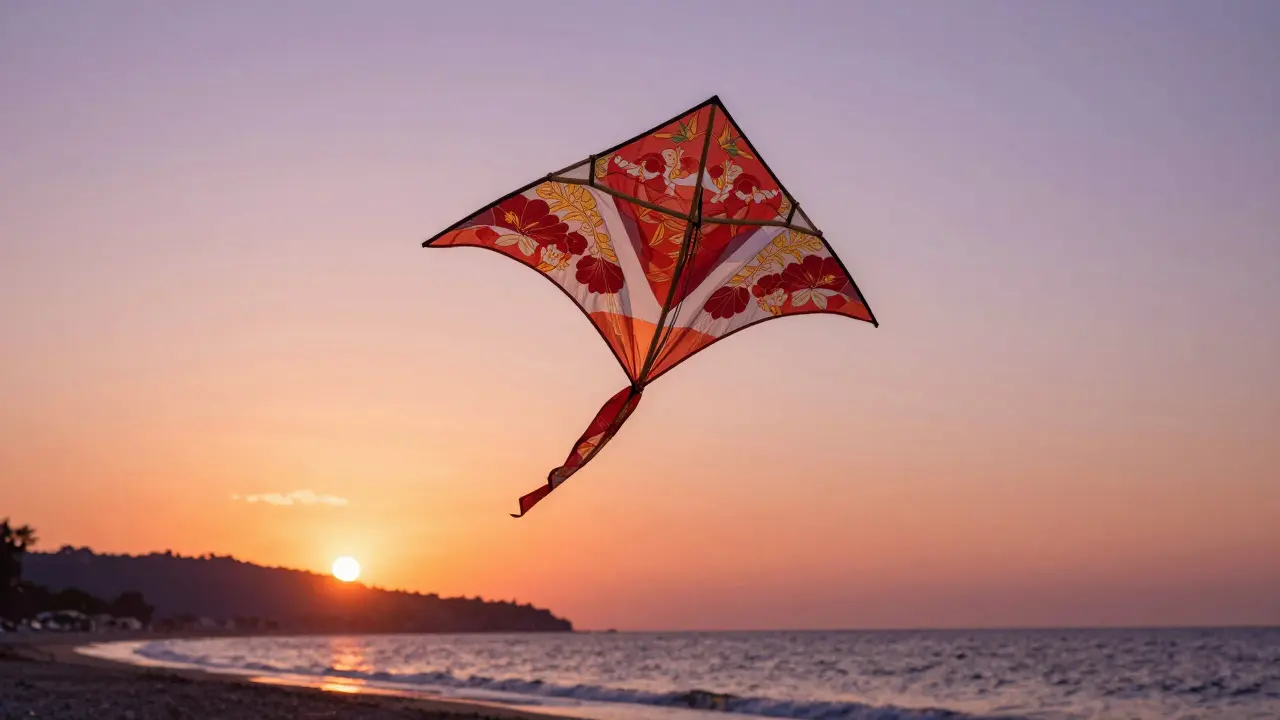 A single hand-painted traditional kite soaring high above the Italian coastline at sunset